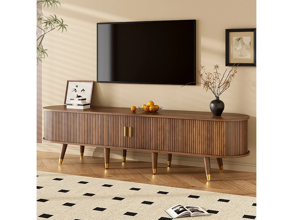 Meuble TV 175 cm porte rotin aspect noyer espace rangement style cottage MDF compartiments ouverts tiroirs armoire