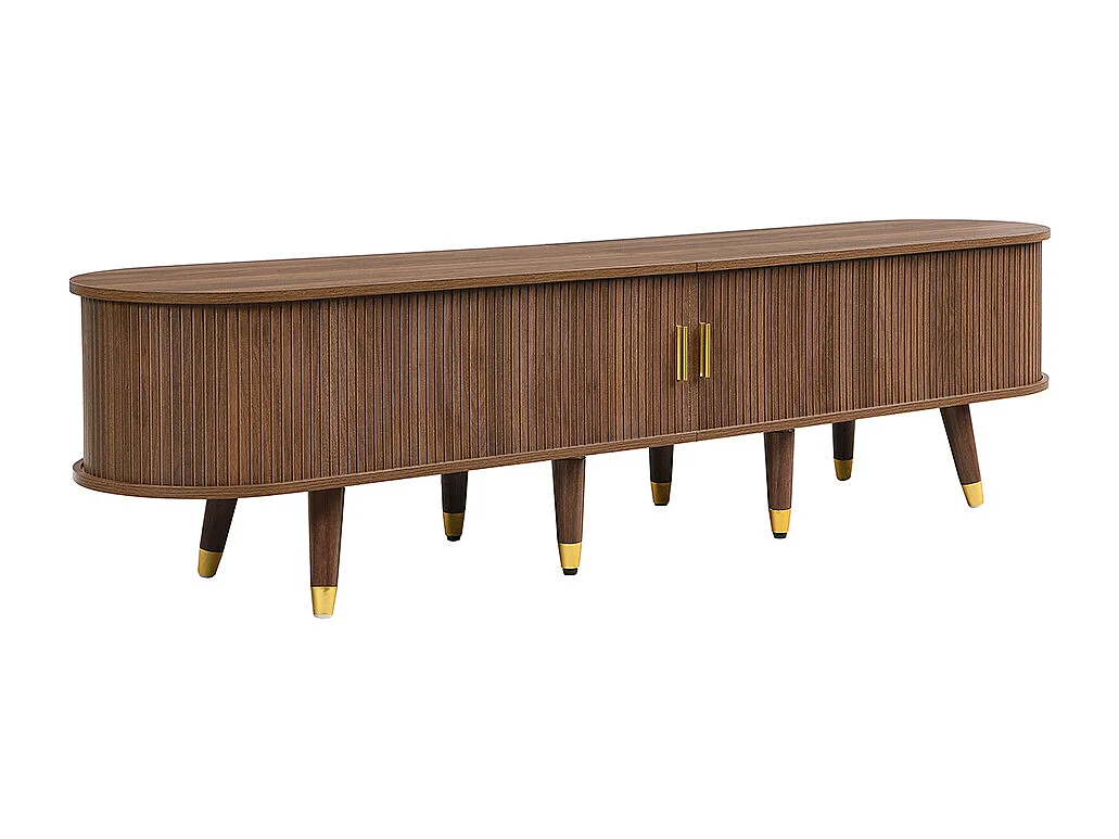 Meuble TV 175 cm porte rotin aspect noyer espace rangement style cottage MDF compartiments ouverts tiroirs armoire