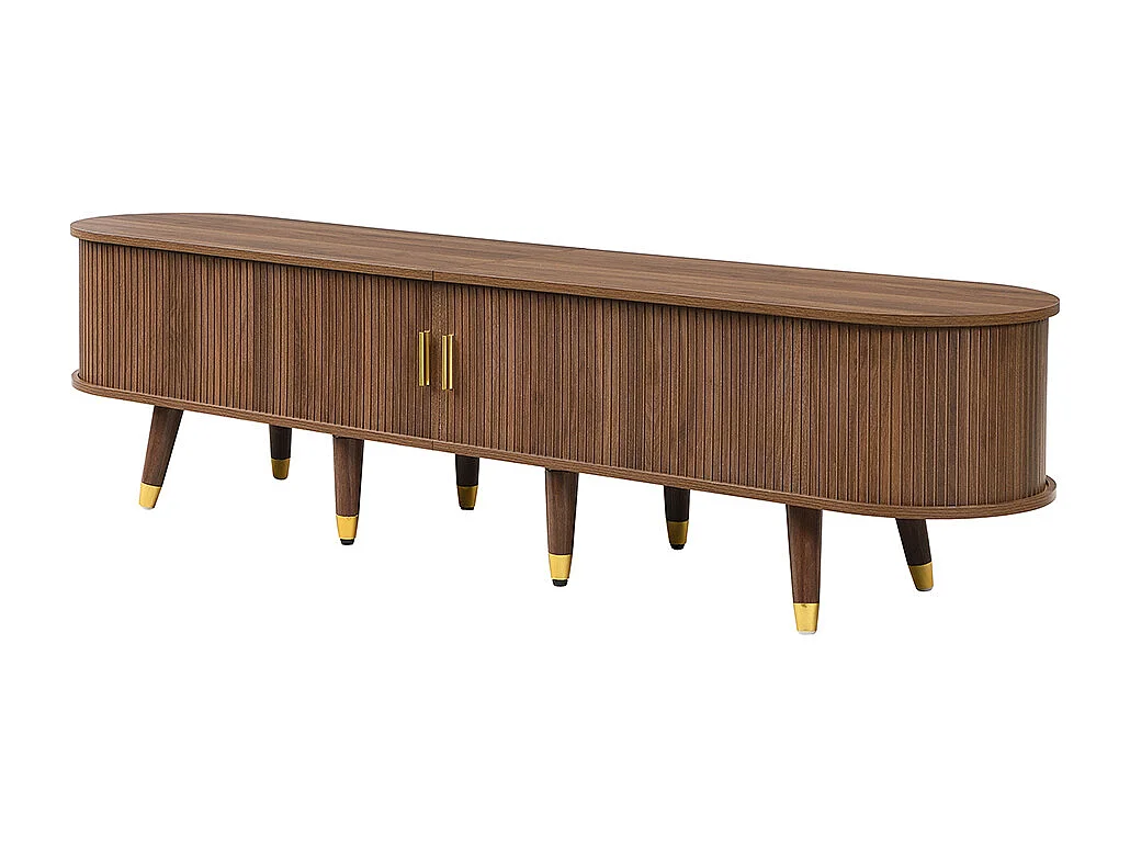 Meuble TV 175 cm porte rotin aspect noyer espace rangement style cottage MDF compartiments ouverts tiroirs armoire