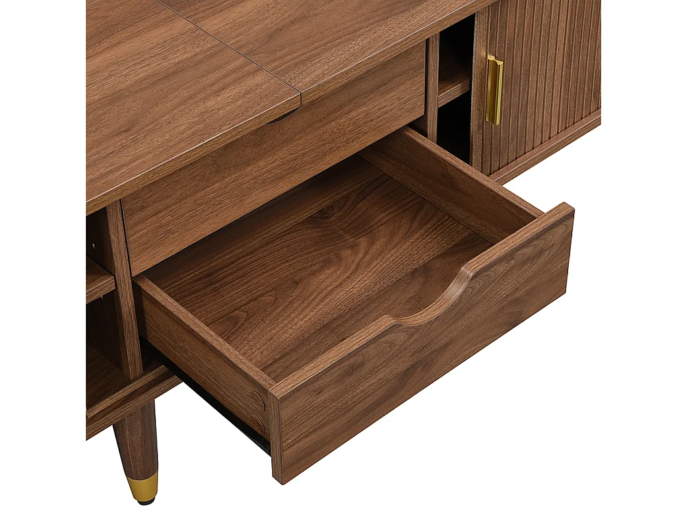 Meuble TV 175 cm porte rotin aspect noyer espace rangement style cottage MDF compartiments ouverts tiroirs armoire
