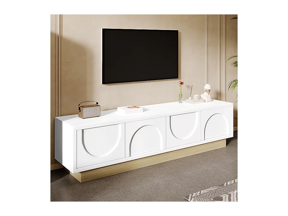 Meuble TV blanc veinures bois design minimaliste incurvé espace rangement gestion câbles
