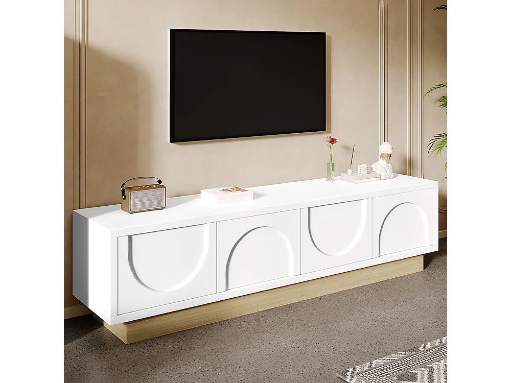 Meuble TV blanc veinures bois design minimaliste incurvé espace rangement gestion câbles