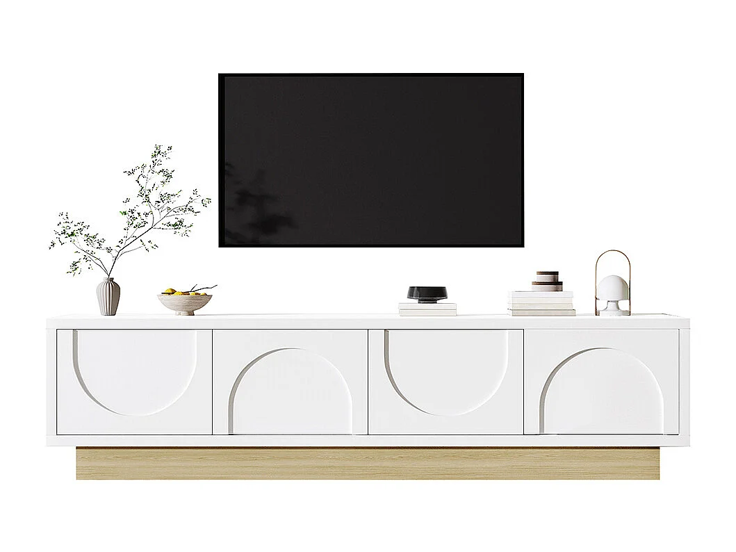 Meuble TV blanc veinures bois design minimaliste incurvé espace rangement gestion câbles
