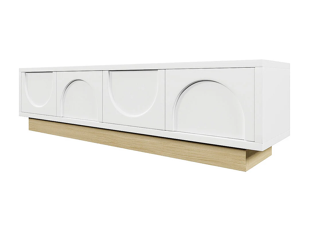 Meuble TV blanc veinures bois design minimaliste incurvé espace rangement gestion câbles