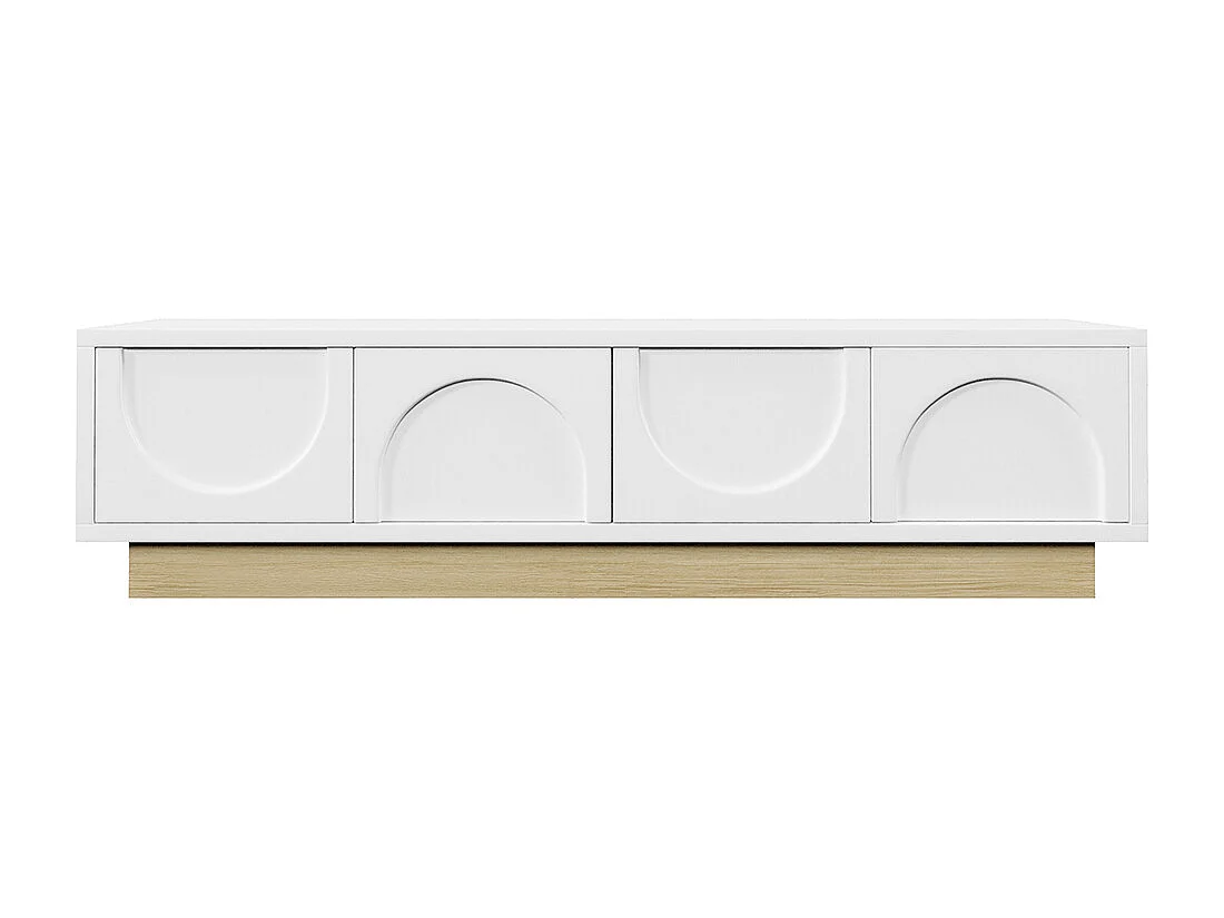 Meuble TV blanc veinures bois design minimaliste incurvé espace rangement gestion câbles