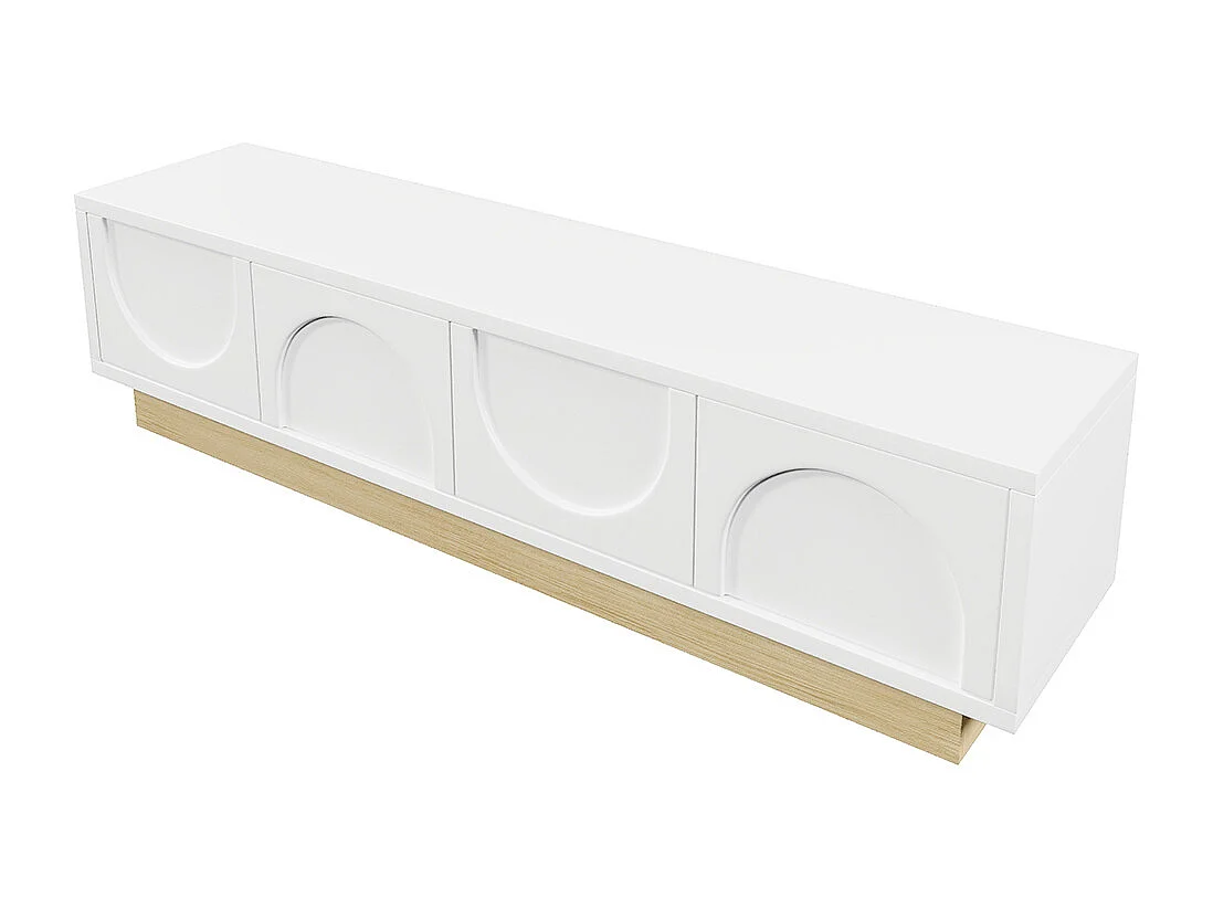Meuble TV blanc veinures bois design minimaliste incurvé espace rangement gestion câbles