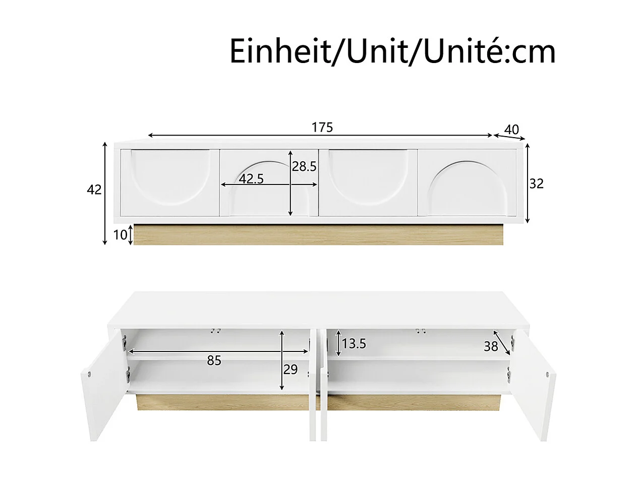 Meuble TV blanc veinures bois design minimaliste incurvé espace rangement gestion câbles