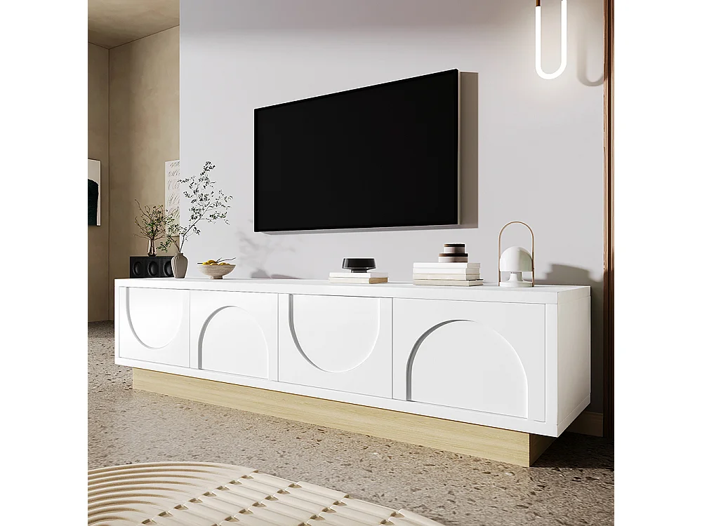 Meuble TV blanc veinures bois design minimaliste incurvé espace rangement gestion câbles