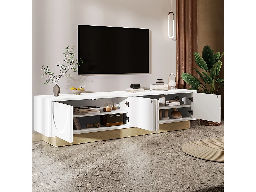 Meuble TV blanc veinures bois design minimaliste incurvé espace rangement gestion câbles