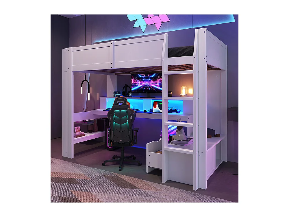 Lit mezzanine gaming 90x200 cm avec bureau lampes LED tiroir étagères sans matelas blanc