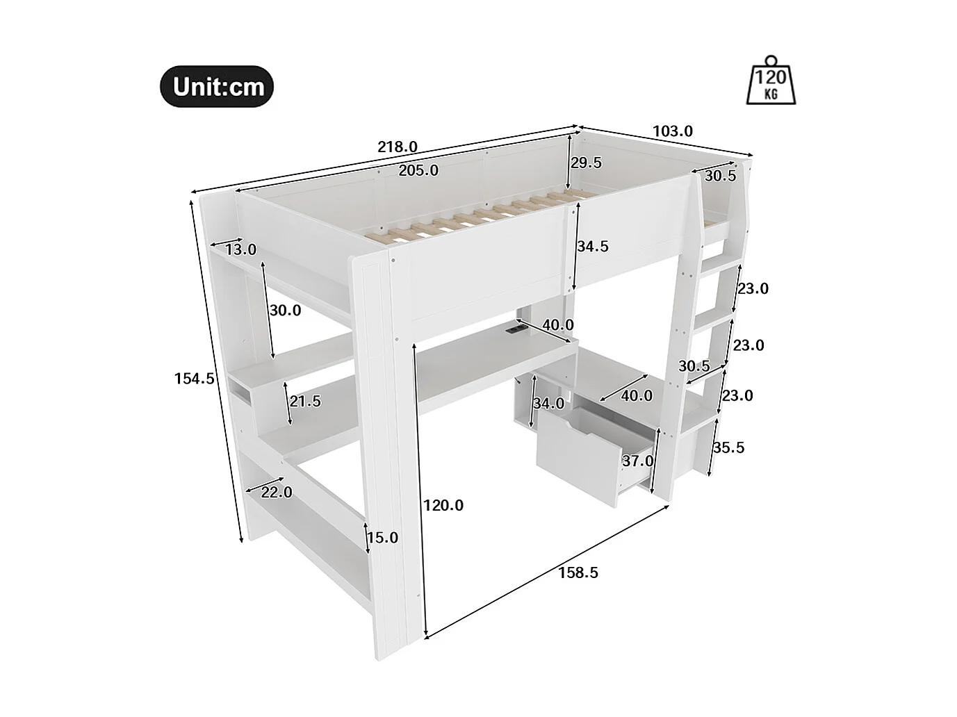 Lit mezzanine gaming 90x200 cm avec bureau lampes LED tiroir étagères sans matelas blanc