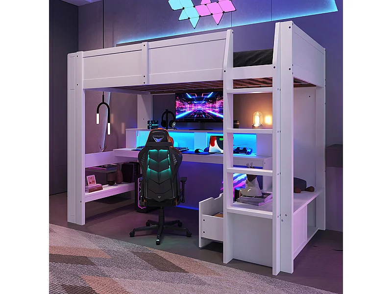 Lit mezzanine gaming 90x200 cm avec bureau lampes LED tiroir étagères sans matelas blanc