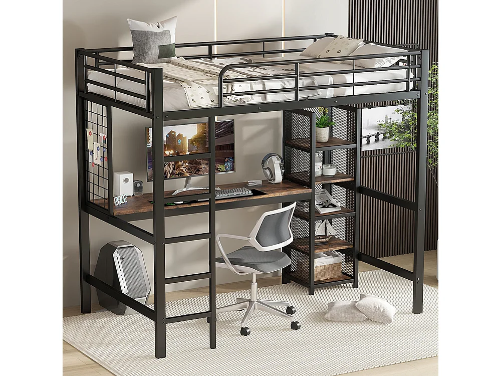 Lit mezzanine en fer 90x200 avec table et étagère multiple grille métallique gardecorps échelle solide noir et bois foncé