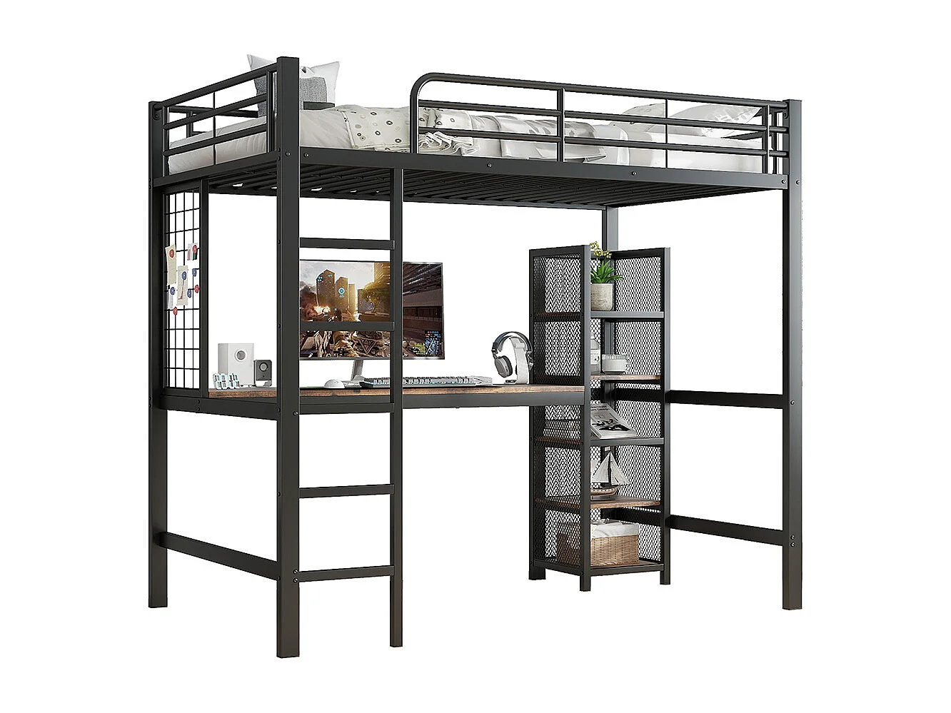Lit mezzanine en fer 90x200 avec table et étagère multiple grille métallique gardecorps échelle solide noir et bois foncé