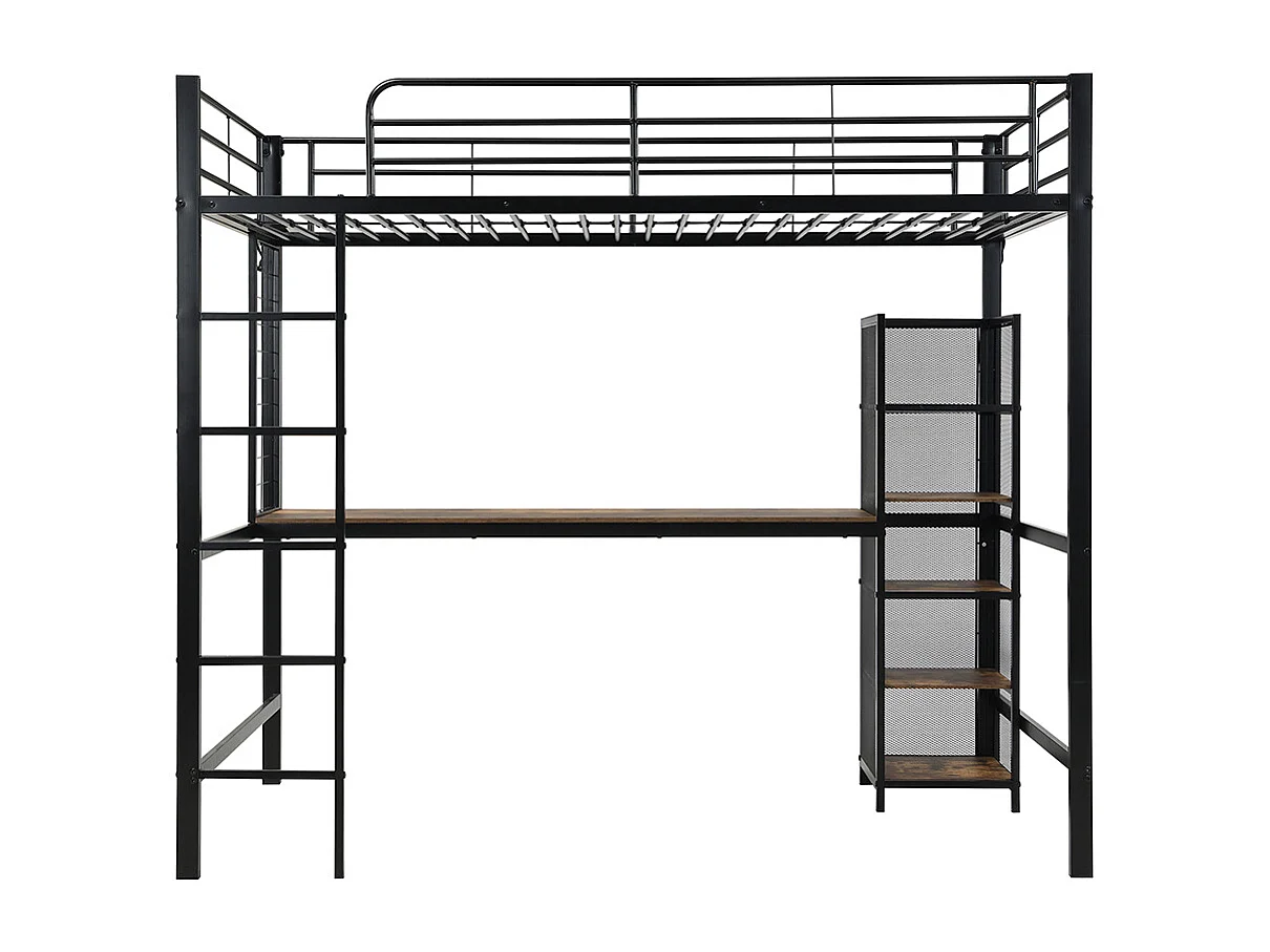 Lit mezzanine en fer 90x200 avec table et étagère multiple grille métallique gardecorps échelle solide noir et bois foncé