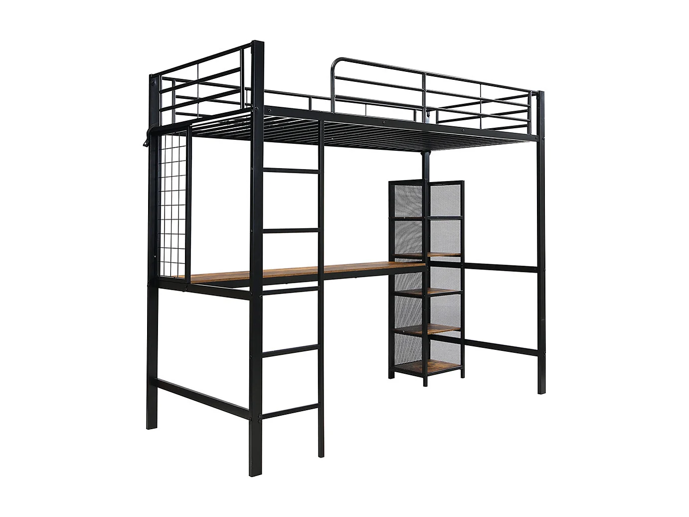 Lit mezzanine en fer 90x200 avec table et étagère multiple grille métallique gardecorps échelle solide noir et bois foncé