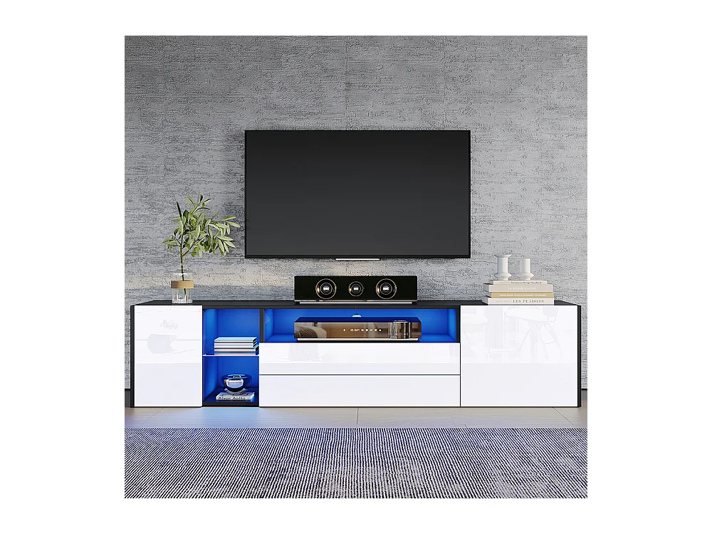 Meuble TV 180x40x45 cm noir blanc LED brillant 2 armoires 2 tiroirs 75 pouces