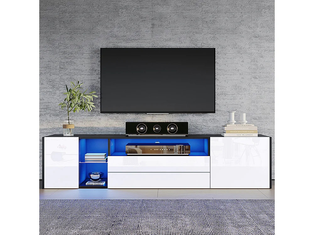 Meuble TV 180x40x45 cm noir blanc LED brillant 2 armoires 2 tiroirs 75 pouces