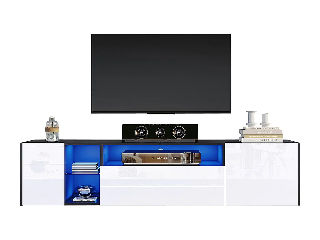 Meuble TV 180x40x45 cm noir blanc LED brillant 2 armoires 2 tiroirs 75 pouces