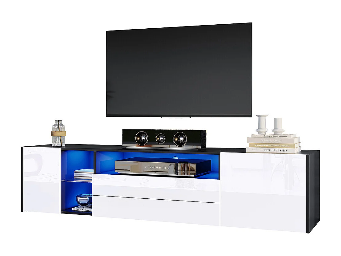 Meuble TV 180x40x45 cm noir blanc LED brillant 2 armoires 2 tiroirs 75 pouces