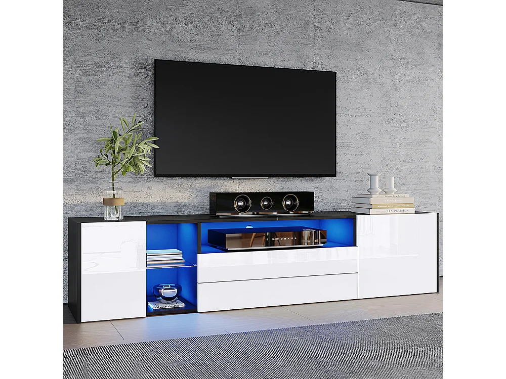 Meuble TV 180x40x45 cm noir blanc LED brillant 2 armoires 2 tiroirs 75 pouces