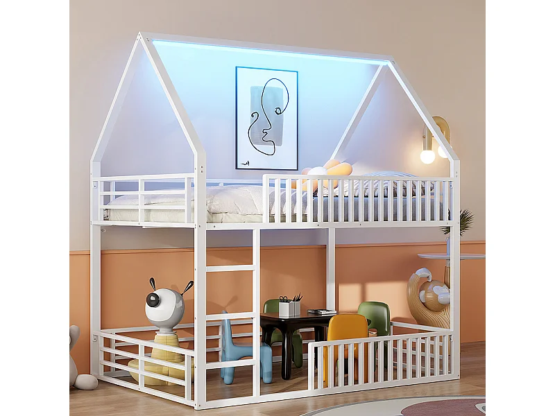 Lit mezzanine maison 140x200 barrière éclairage LED blanc