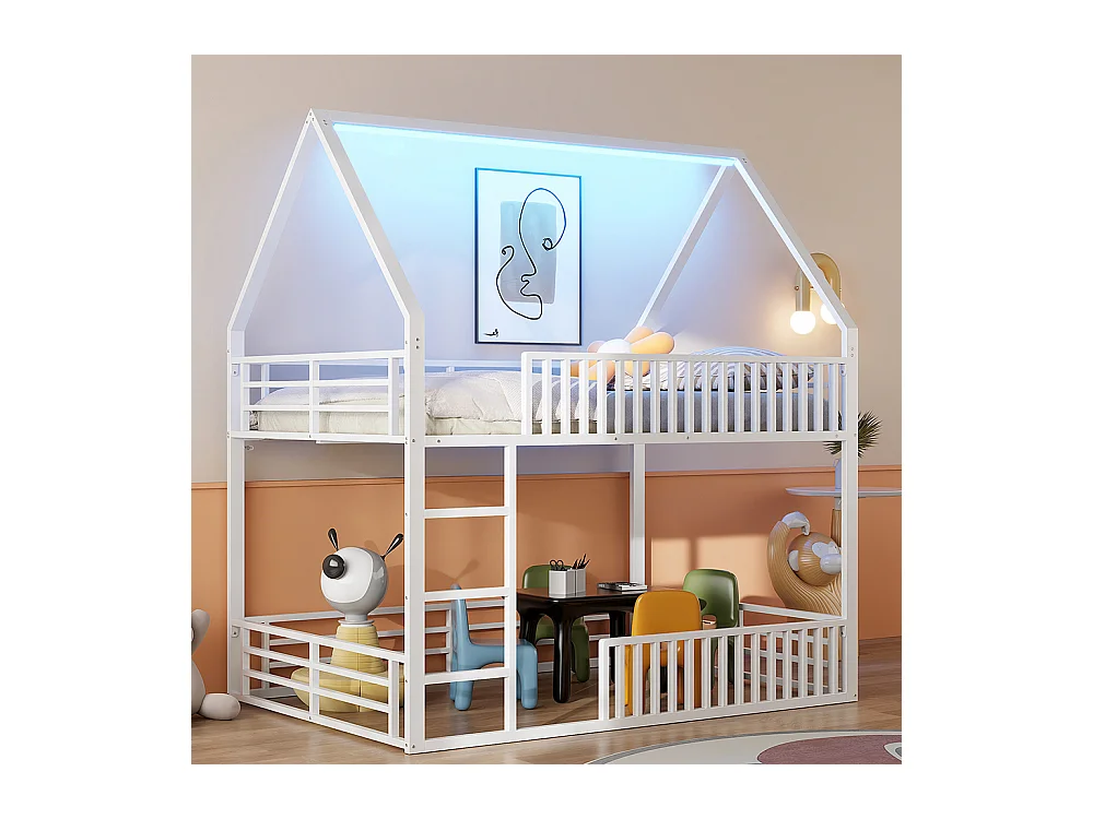 Lit mezzanine maison 140x200 barrière éclairage LED blanc