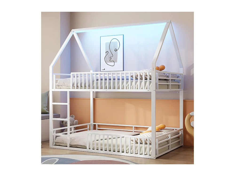 Lit mezzanine maison 140x200 barrière éclairage LED blanc