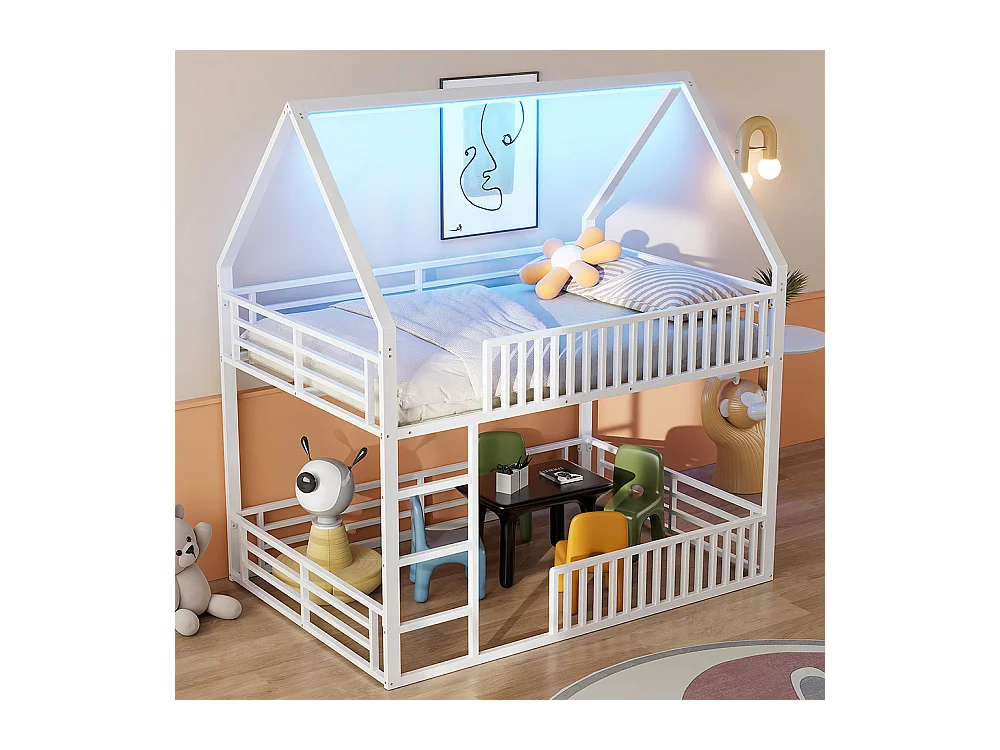 Lit mezzanine maison 140x200 barrière éclairage LED blanc