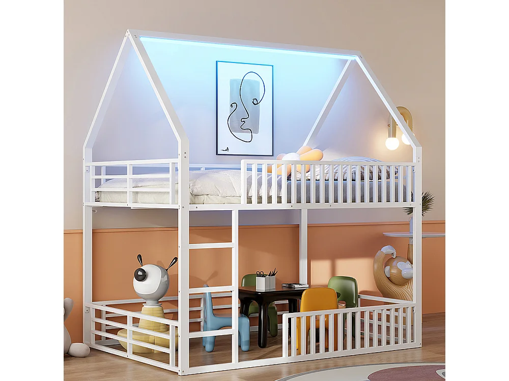 Lit mezzanine maison 140x200 barrière éclairage LED blanc