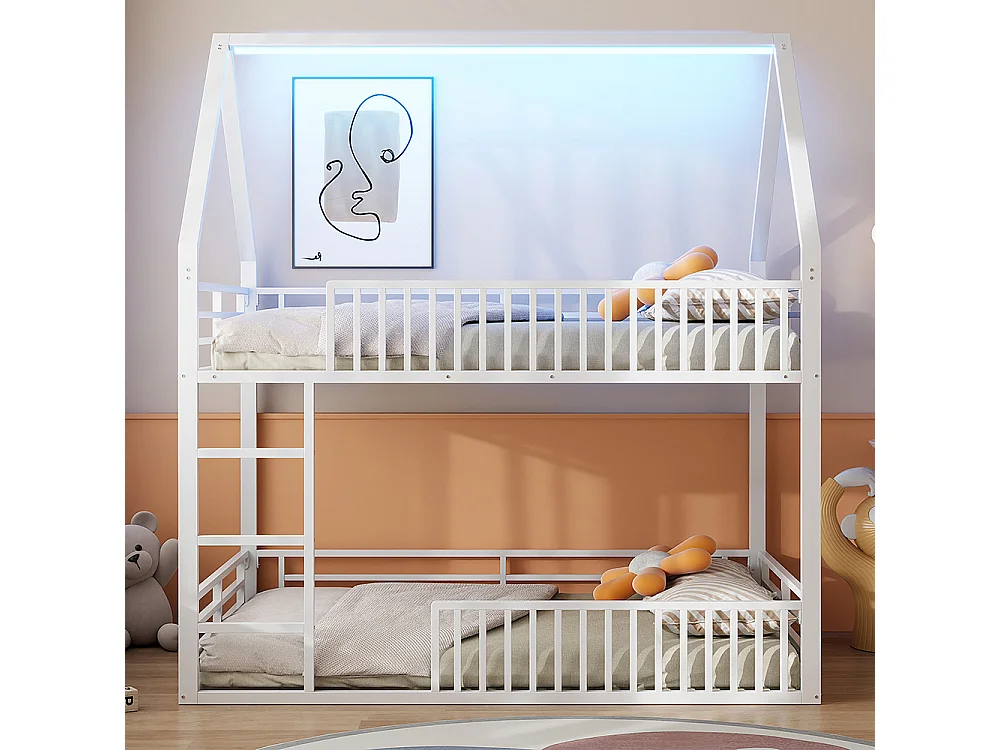 Lit mezzanine maison 140x200 barrière éclairage LED blanc