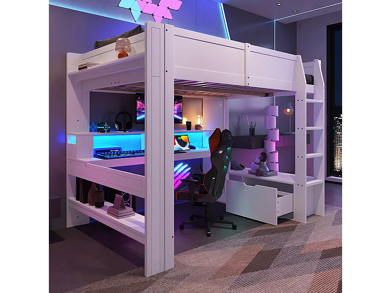 Lit mezzanine gaming 140x200 cm avec bureau lampes LED tiroir étagères sans matelas blanc