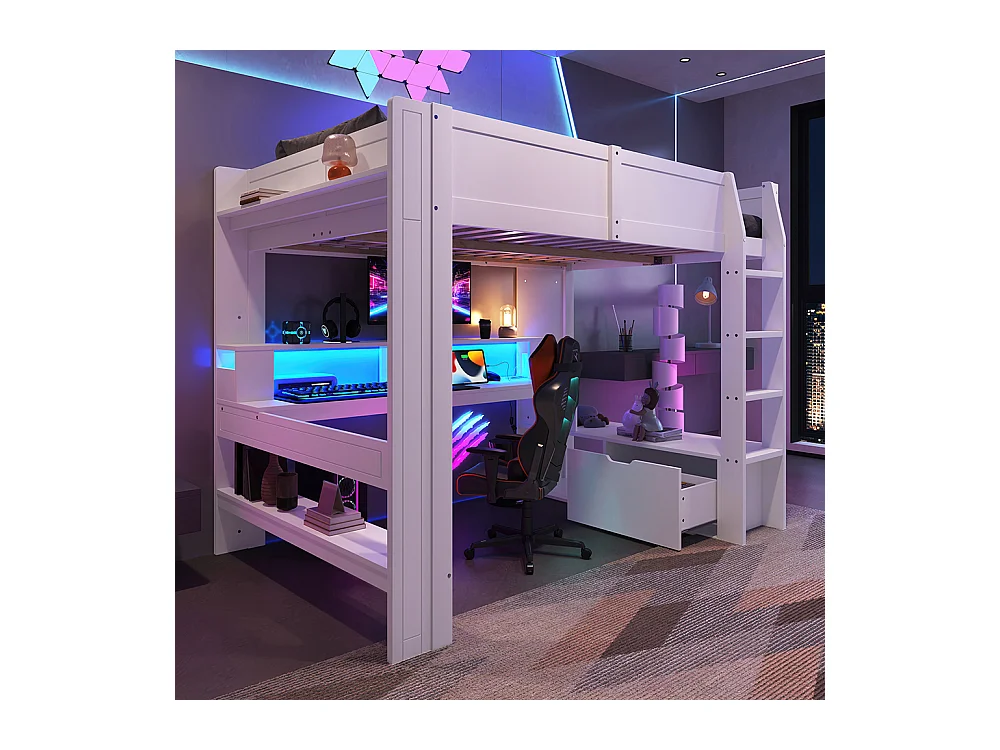 Lit mezzanine gaming 140x200 cm avec bureau lampes LED tiroir étagères sans matelas blanc