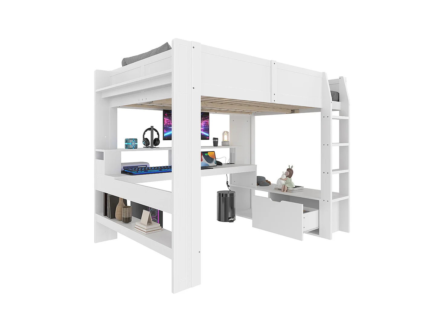 Lit mezzanine gaming 140x200 cm avec bureau lampes LED tiroir étagères sans matelas blanc