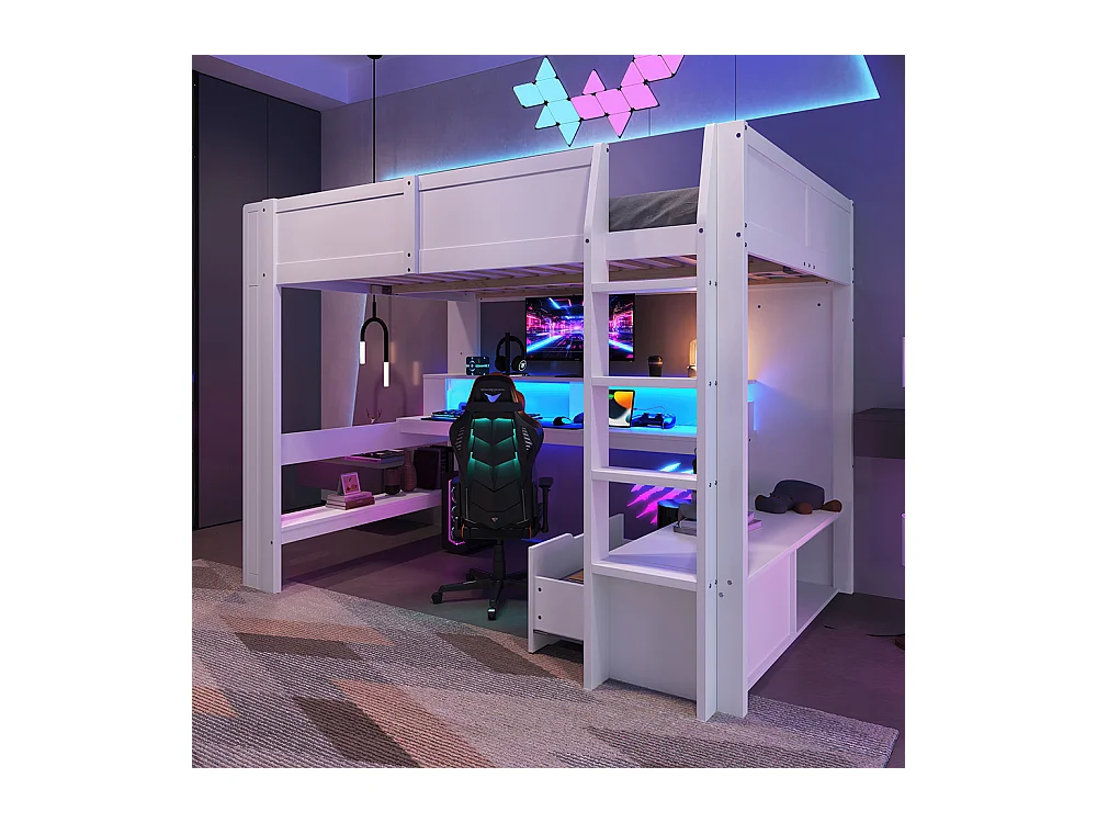 Lit mezzanine gaming 140x200 cm avec bureau lampes LED tiroir étagères sans matelas blanc
