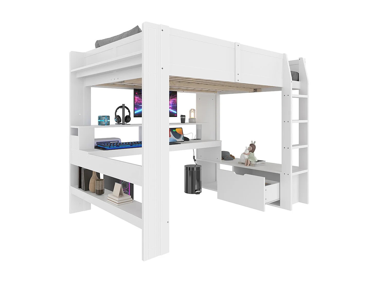 Lit mezzanine gaming 140x200 cm avec bureau lampes LED tiroir étagères sans matelas blanc