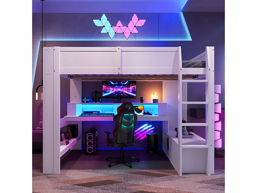 Lit mezzanine gaming 140x200 cm avec bureau lampes LED tiroir étagères sans matelas blanc
