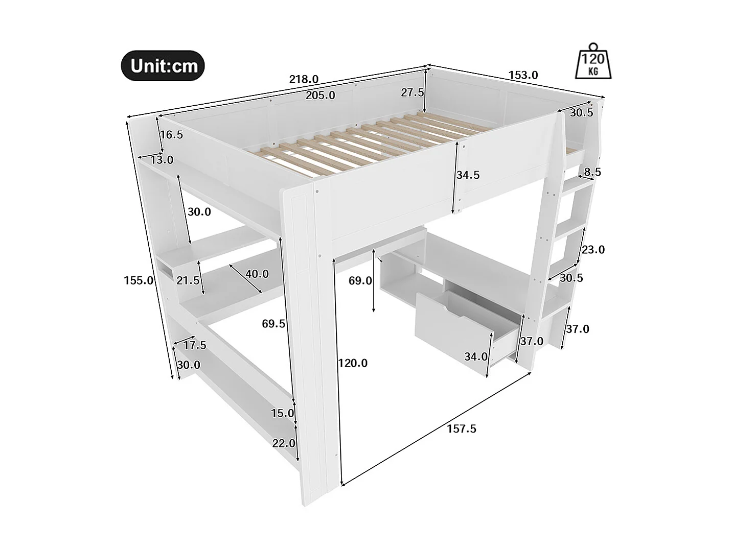 Lit mezzanine gaming 140x200 cm avec bureau lampes LED tiroir étagères sans matelas blanc