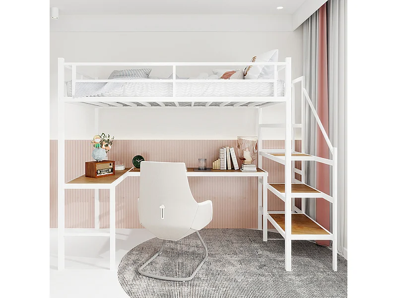 Lit mezzanine 90x190 bureau L grand rangement compartiments cadre stable escalier garde-corps continu minimaliste silencieux sans ressorts blanc