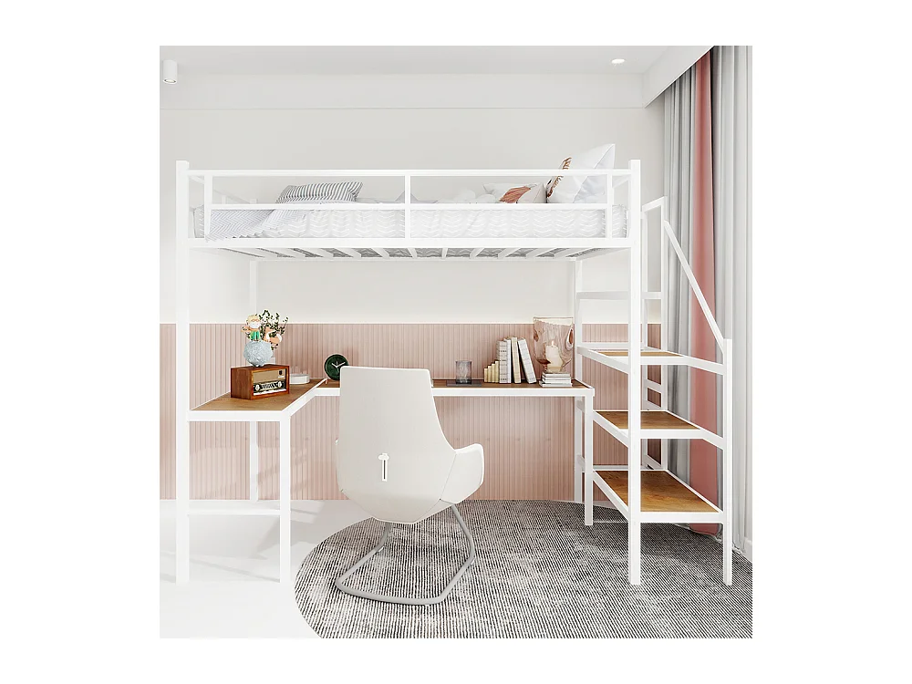 Lit mezzanine 90x190 bureau L grand rangement compartiments cadre stable escalier garde-corps continu minimaliste silencieux sans ressorts blanc