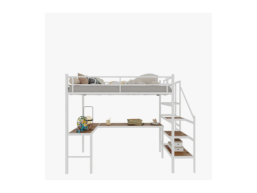 Lit mezzanine 90x190 bureau L grand rangement compartiments cadre stable escalier garde-corps continu minimaliste silencieux sans ressorts blanc