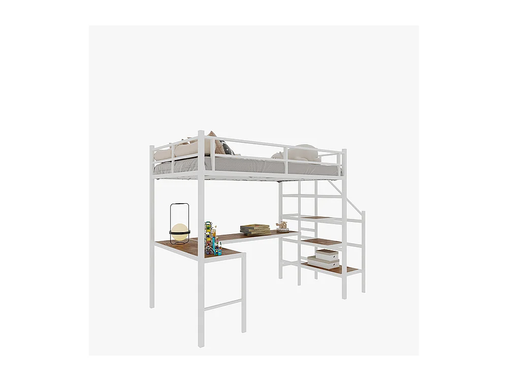 Lit mezzanine 90x190 bureau L grand rangement compartiments cadre stable escalier garde-corps continu minimaliste silencieux sans ressorts blanc