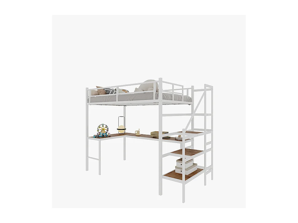 Lit mezzanine 90x190 bureau L grand rangement compartiments cadre stable escalier garde-corps continu minimaliste silencieux sans ressorts blanc