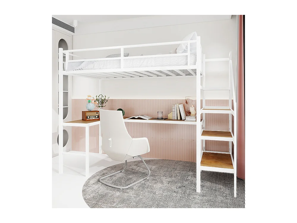 Lit mezzanine 90x190 bureau L grand rangement compartiments cadre stable escalier garde-corps continu minimaliste silencieux sans ressorts blanc