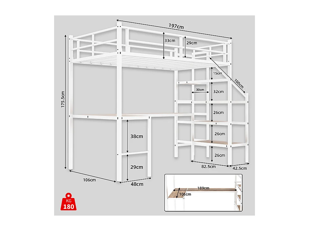 Lit mezzanine 90x190 bureau L grand rangement compartiments cadre stable escalier garde-corps continu minimaliste silencieux sans ressorts blanc