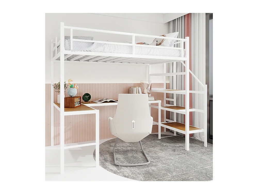 Lit mezzanine 90x190 bureau L grand rangement compartiments cadre stable escalier garde-corps continu minimaliste silencieux sans ressorts blanc