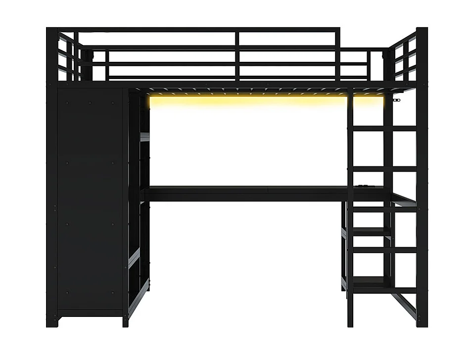 Lit mezzanine gaming métal 140x200 LED bureau penderie ouverte rangement noir