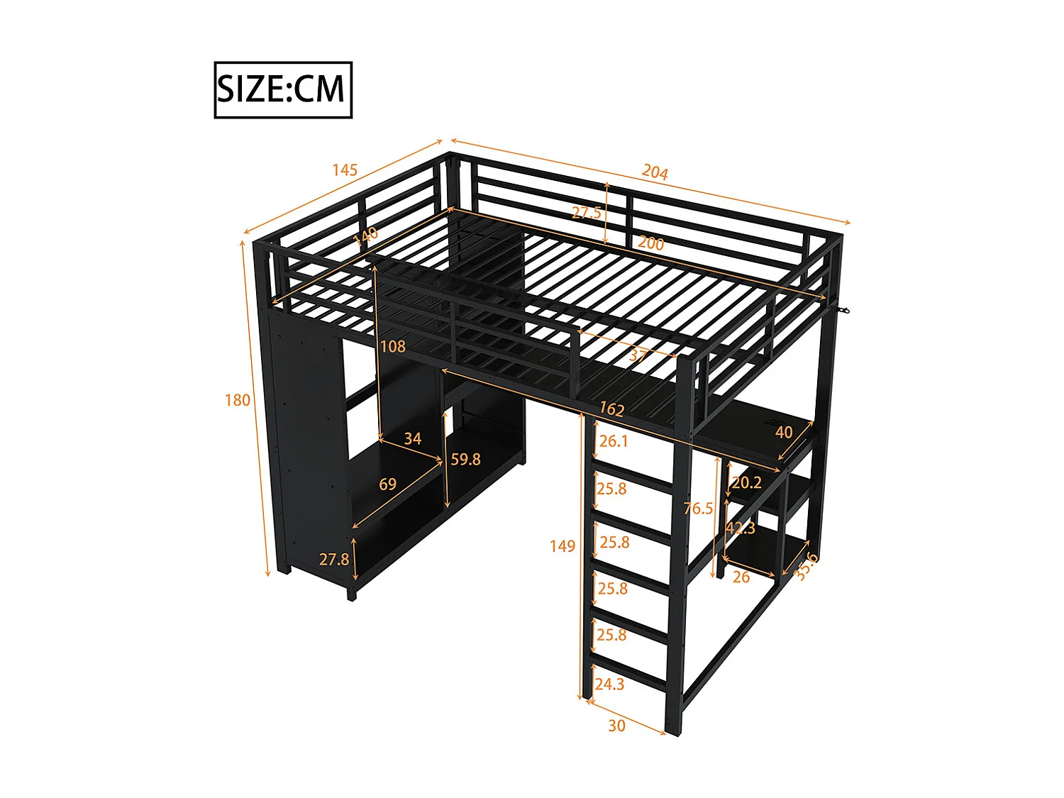 Lit mezzanine gaming métal 140x200 LED bureau penderie ouverte rangement noir