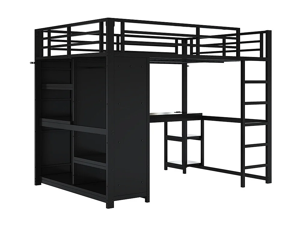 Lit mezzanine gaming métal 140x200 LED bureau penderie ouverte rangement noir