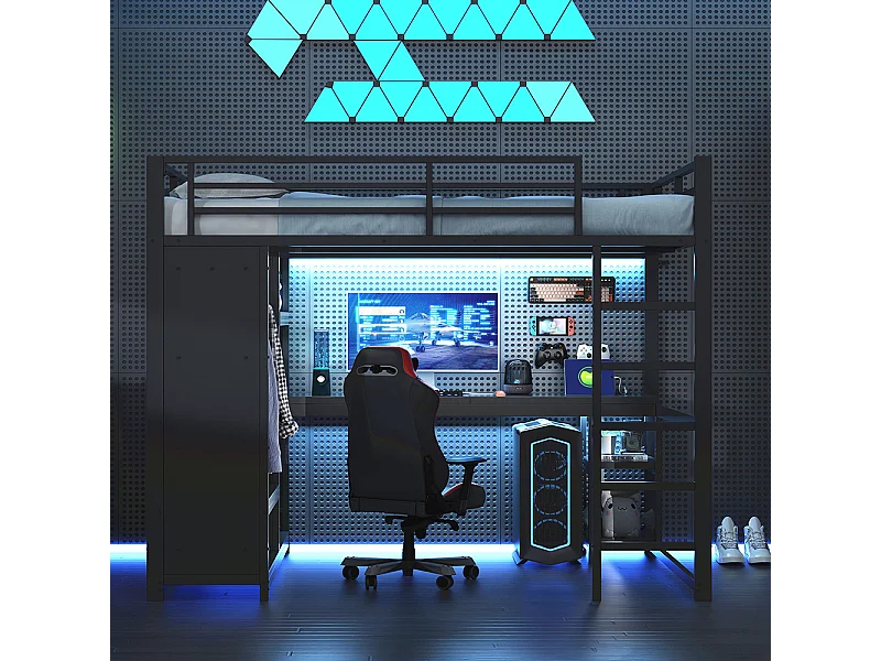 Lit mezzanine gaming métal 140x200 LED bureau penderie ouverte rangement noir
